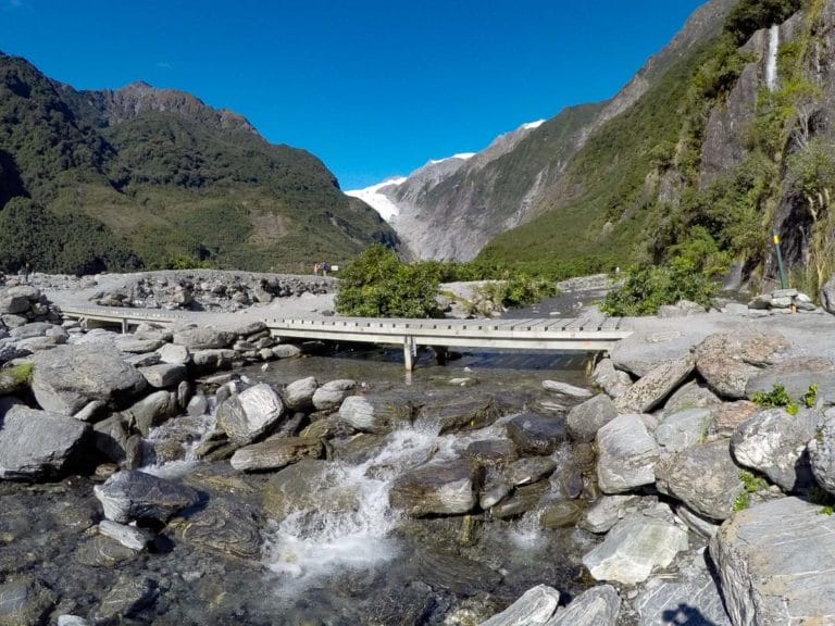 The one and only bridge crossing the Waiho River to Franz Josef Glacier