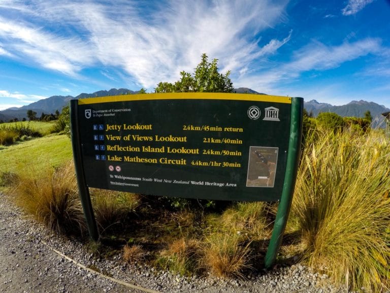Sign with details of the Lake Matheson walk