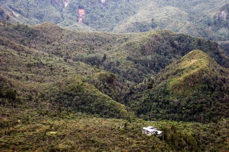 Looking down to Pinnacles Hut from the summit