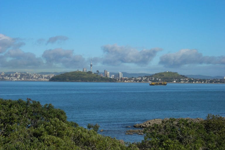 View of Auckland city from Rangitoto Island walk via Mackenzie Bay