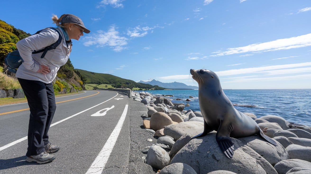 Lady looking at a seal from the road in Kaikoura Peninsula walk