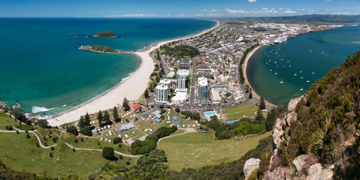 View from the top of Mt Maunganui looking over the town, Mount beach and Pilot Bay