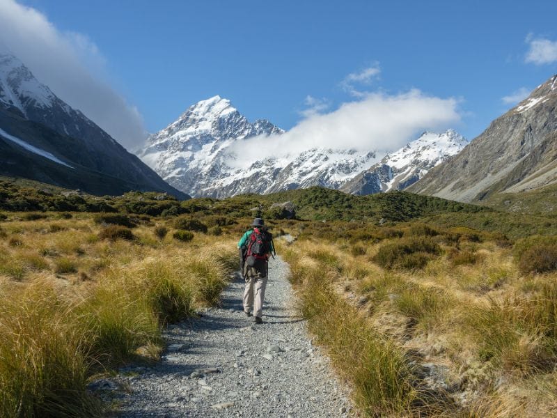 Walker in front of us on the Hooker Valley Track with Mount Cook views