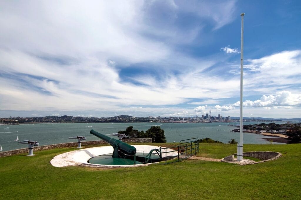 Gun enplacements on North Head with Auckland city in the background