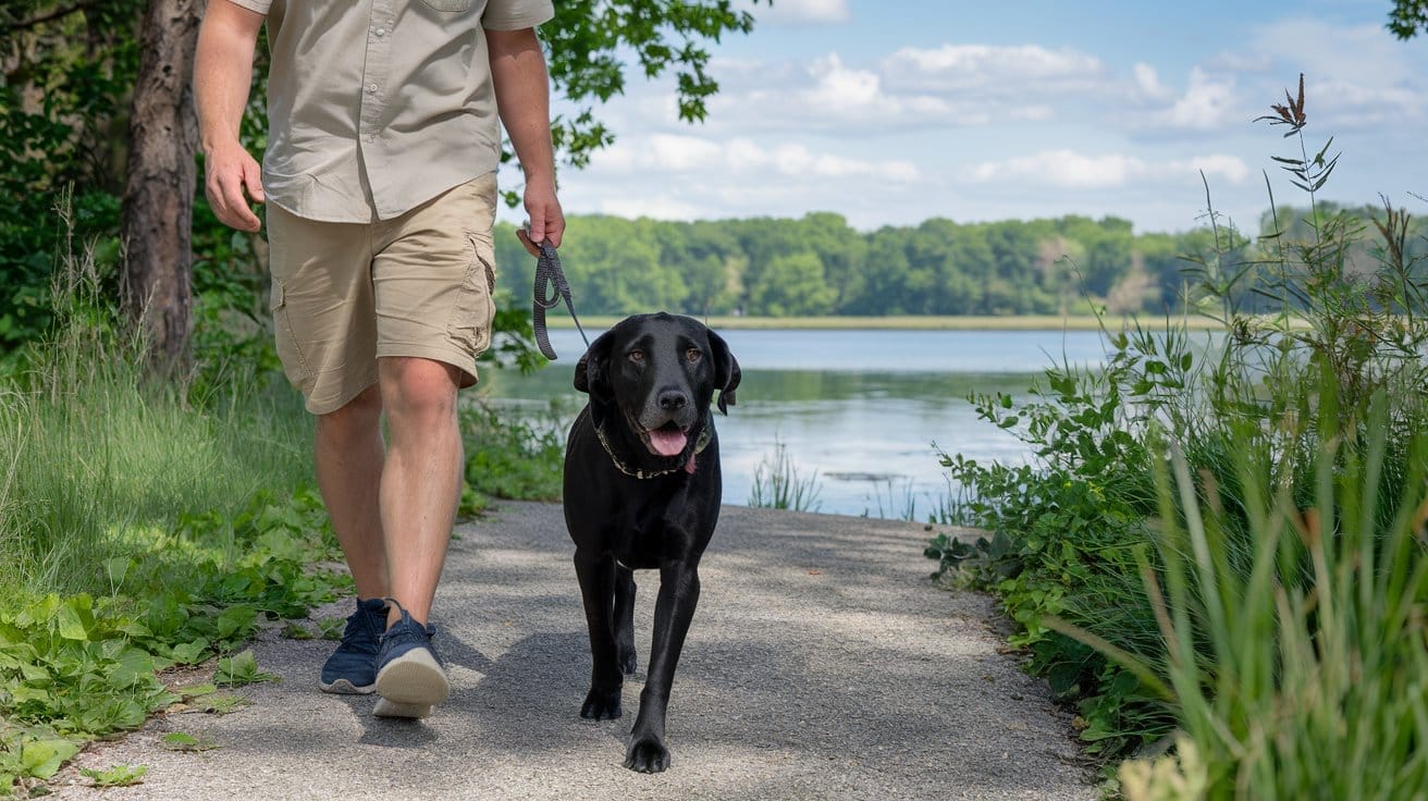 Dog on lead at Hamilton Lake