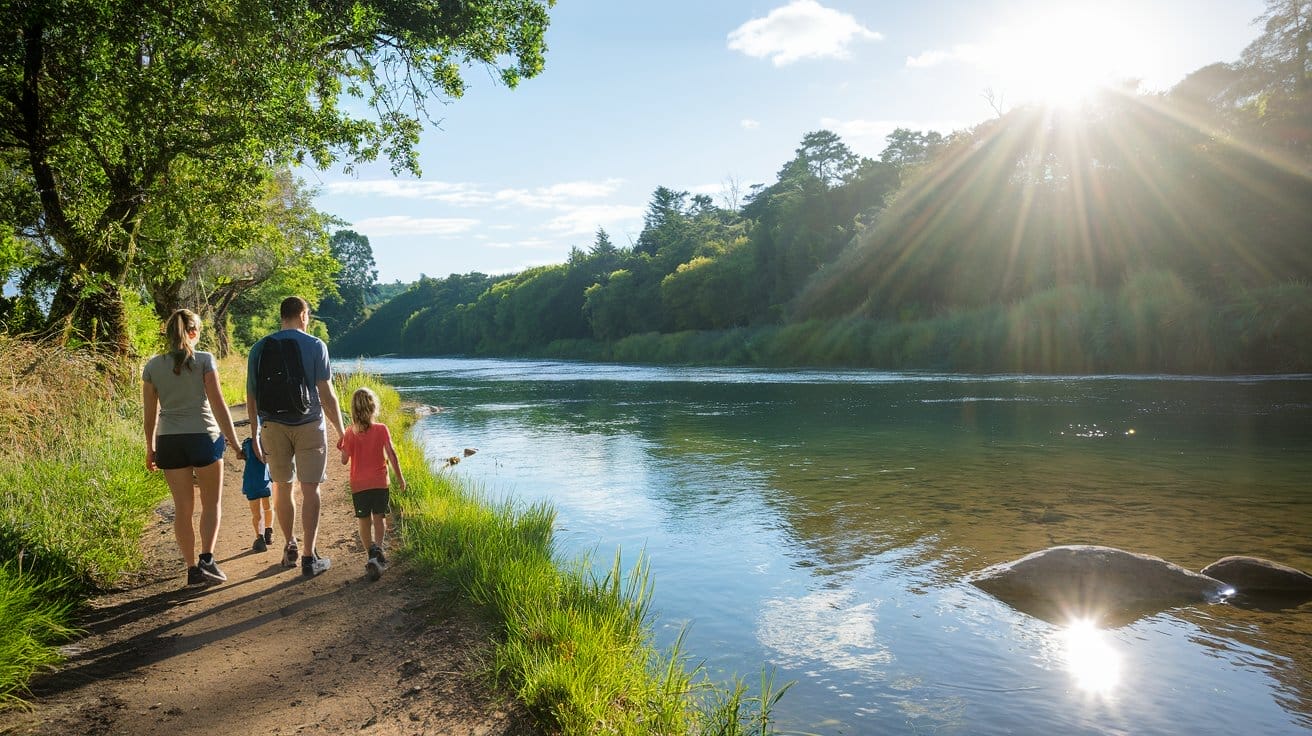 Family walking along the track next to the Waikato River in Hamilton